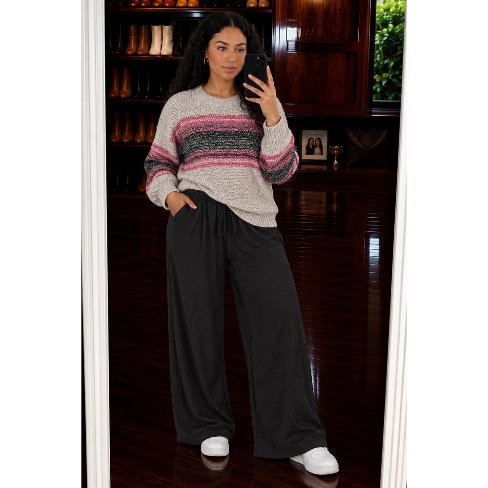 Falls Creek Striped Crew Neck Sweater Pink Grey Cream Chunky Knit Pullover 2X